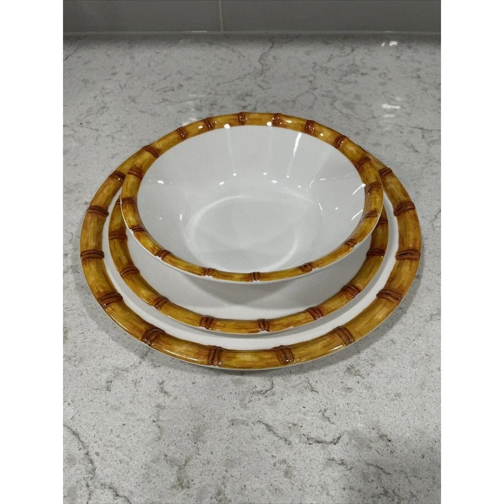 Set 4 WOOD LOOK RIM EDGE 7.5" White SALAD Soup Bowls Tommy Bahama Melamine Bowl - Picture 5 of 5